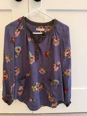 Rebecca Taylor Deep Purple Floral Silk Top with Black Trim